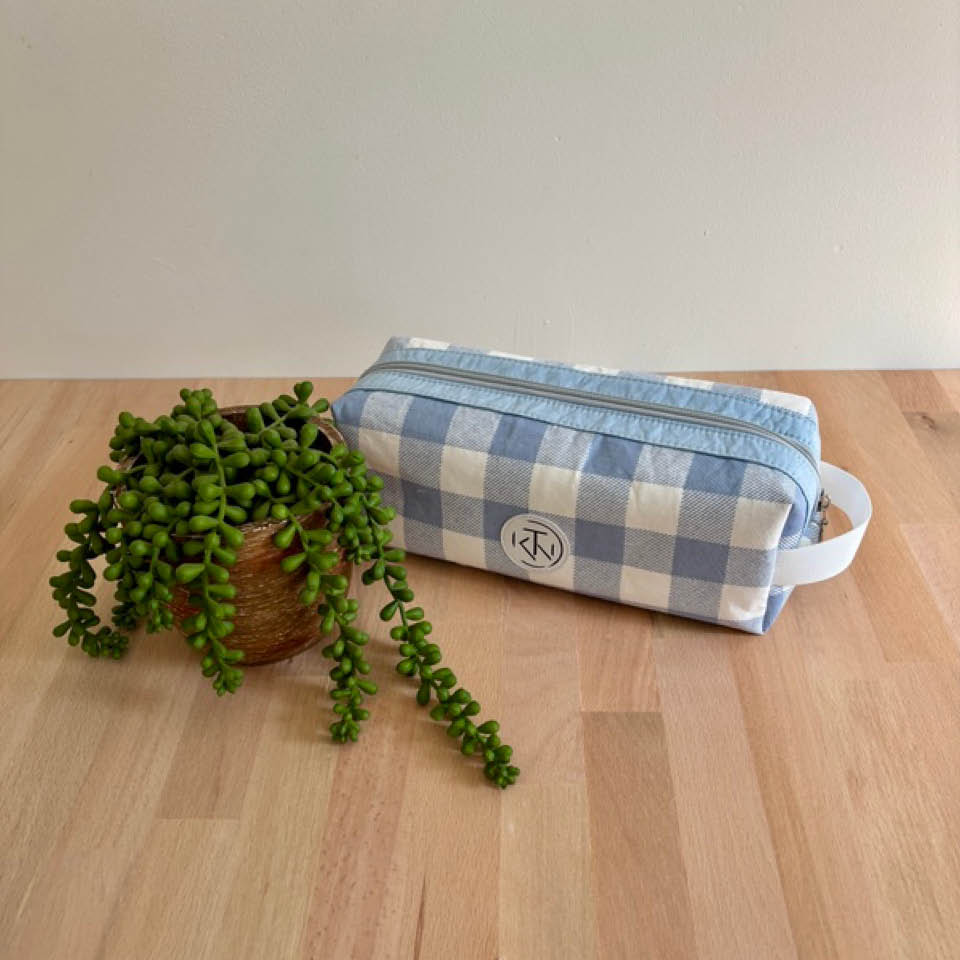 Long Toiletries Bag - Light Blue Check
