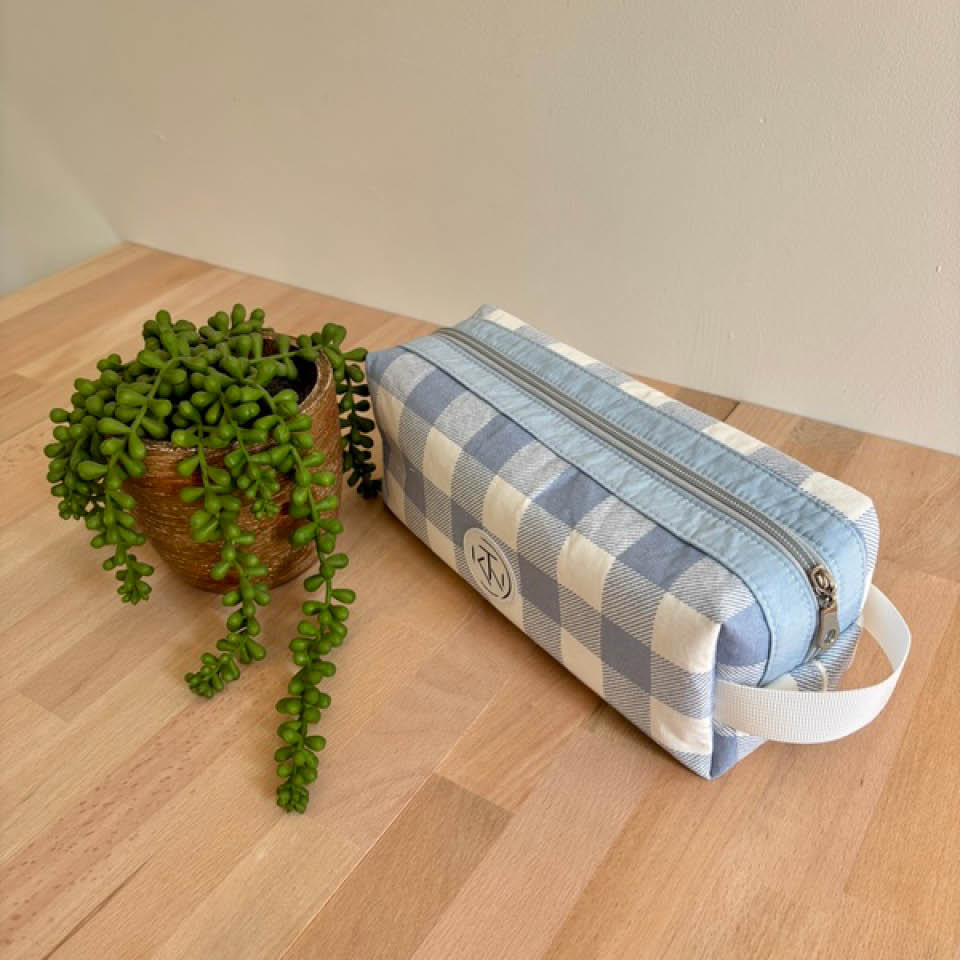 Long Toiletries Bag - Light Blue Check