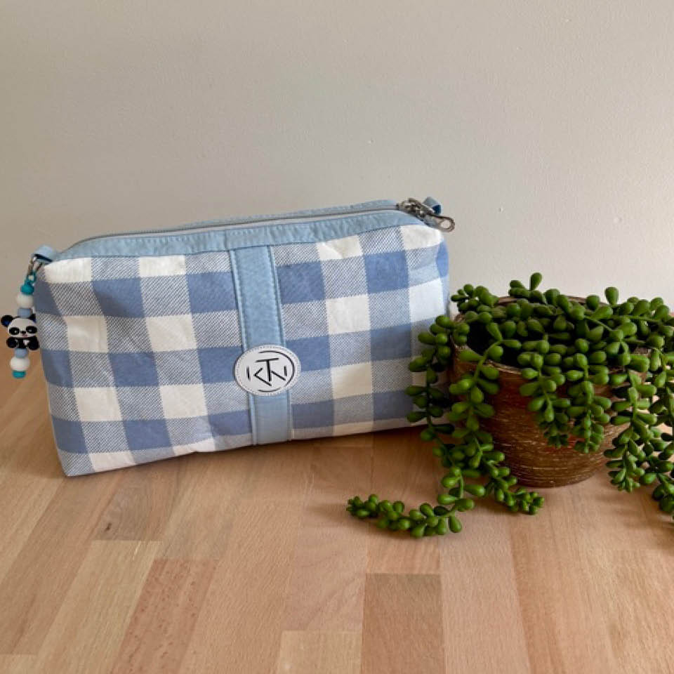 Tall Makeup Bag - Light Blue Check