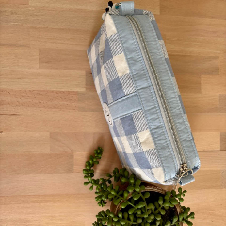 Tall Makeup Bag - Light Blue Check