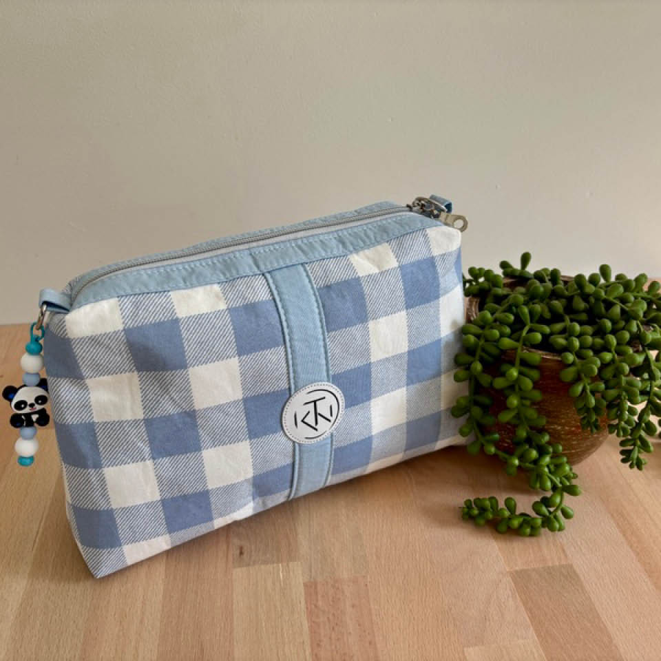 Tall Makeup Bag - Light Blue Check
