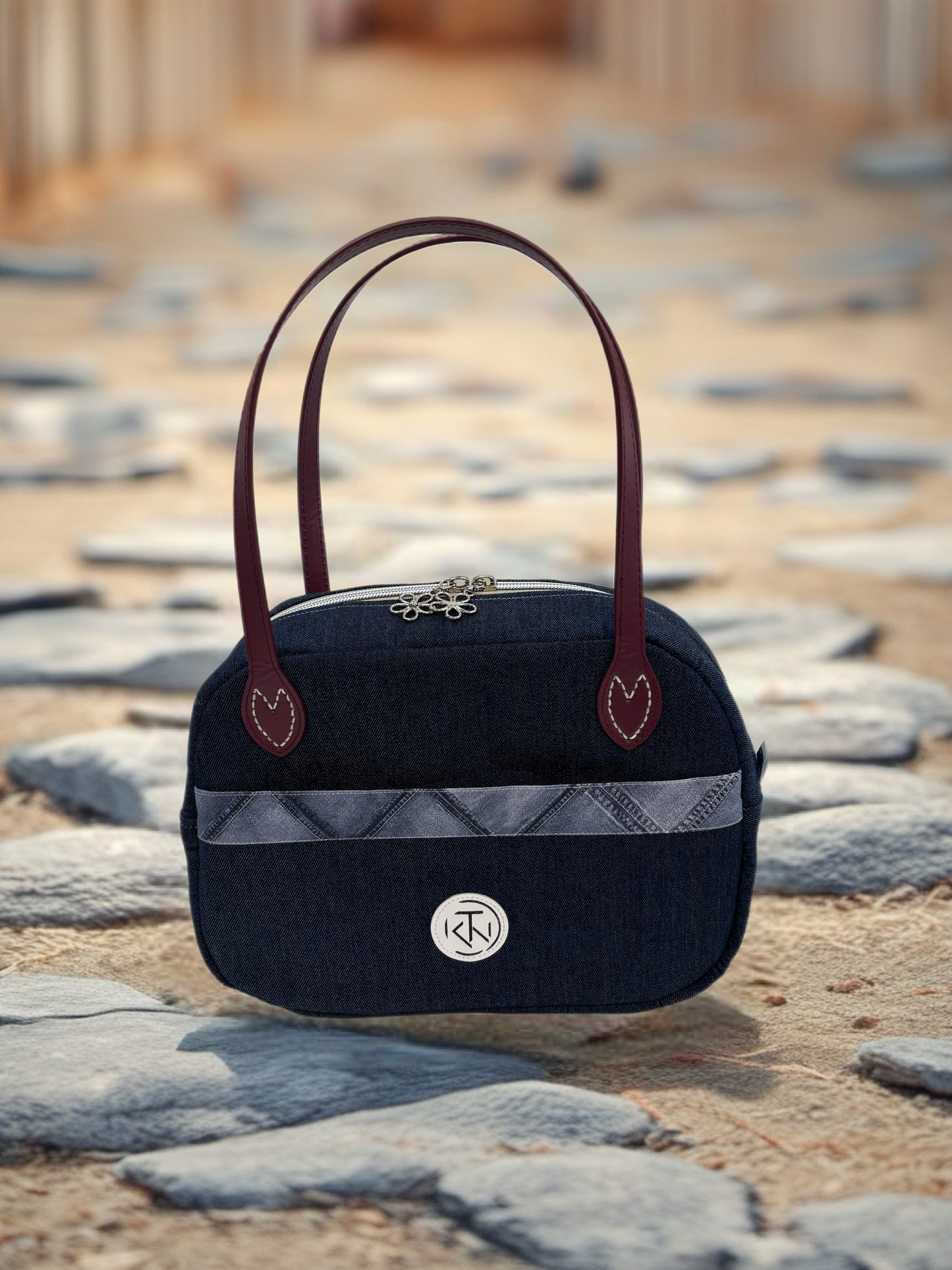 Boston Bag - Burgandy and Denim