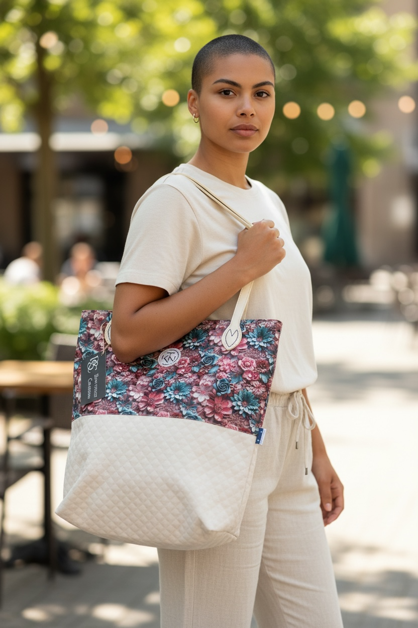 Teagan Tote - Cream with 3D Blue and Pink Flowers