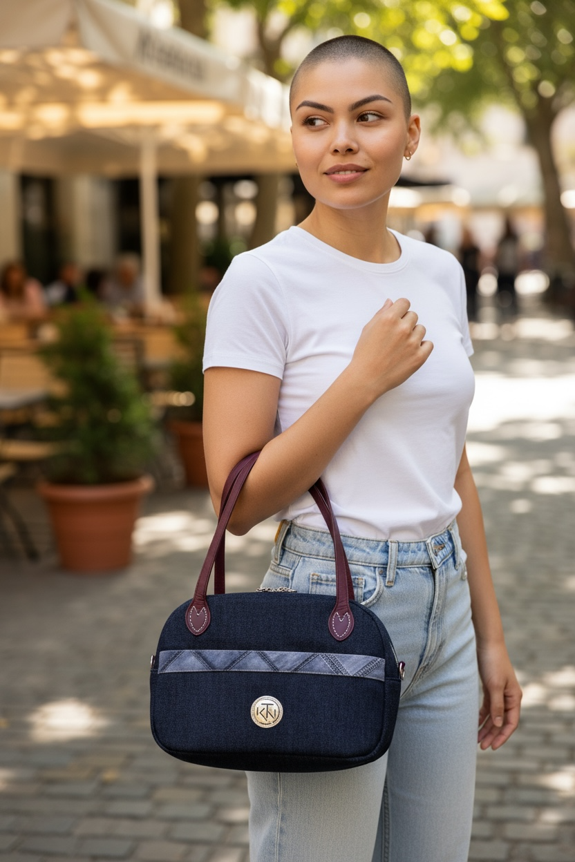 Boston Bag - Burgandy and Denim